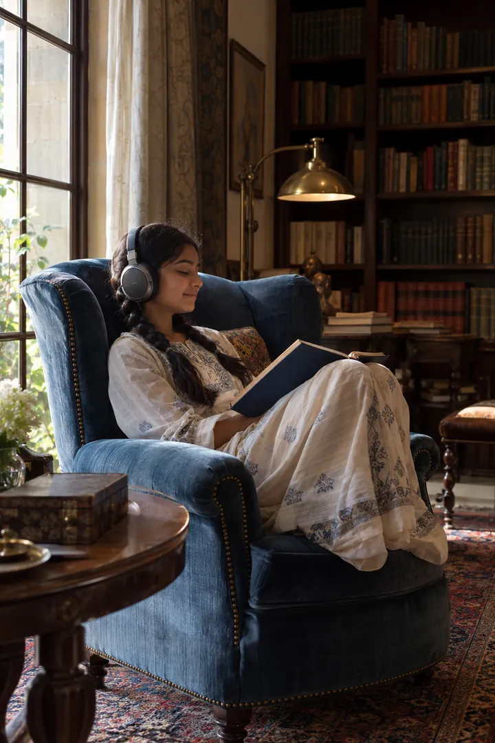 A girl of about twelve in an armchair in the family library, headphones on and eyes closed, the book open on her knees.