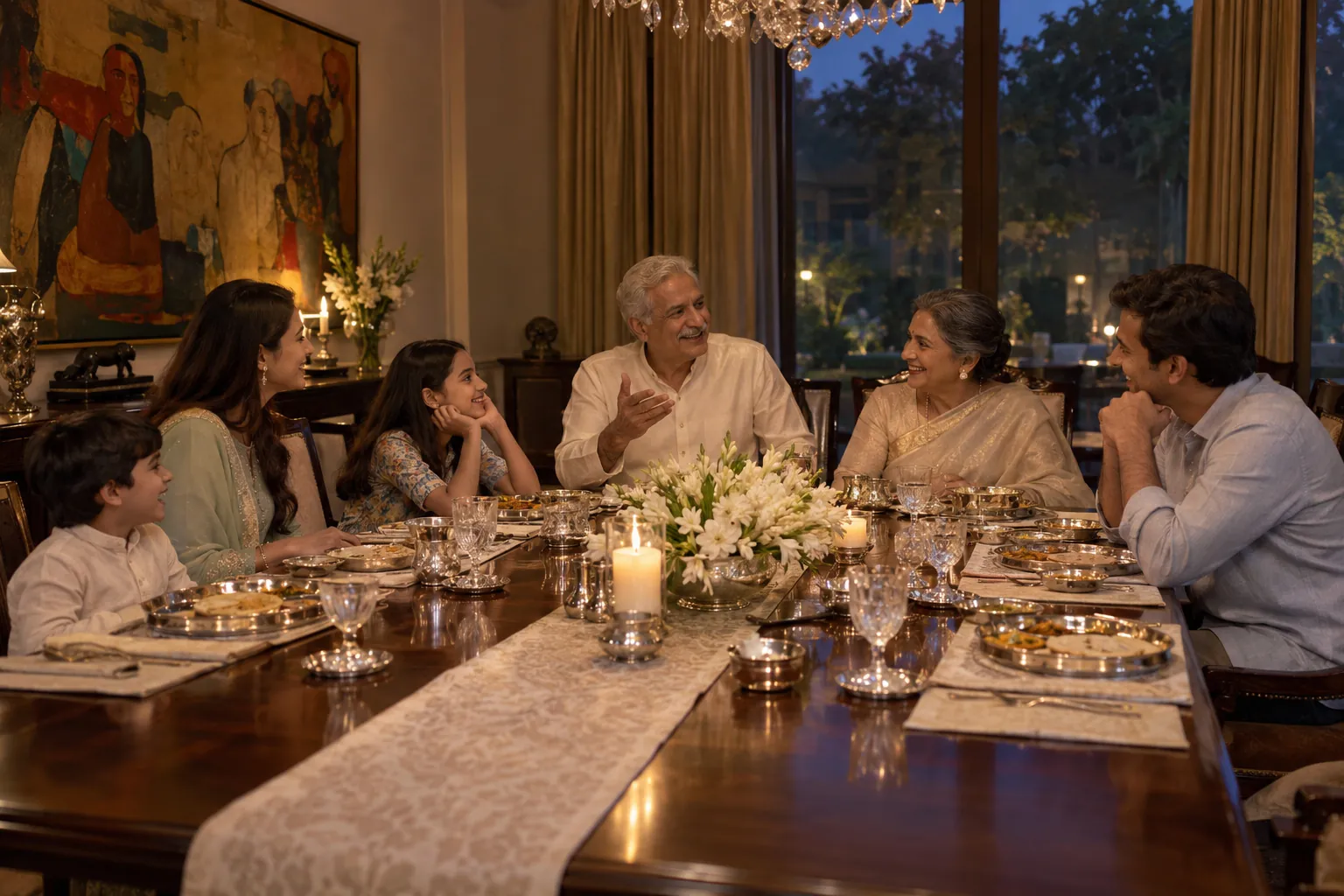 Three generations of a family at the dinner table; the grandfather is in the middle of a story and the grandchildren are laughing.