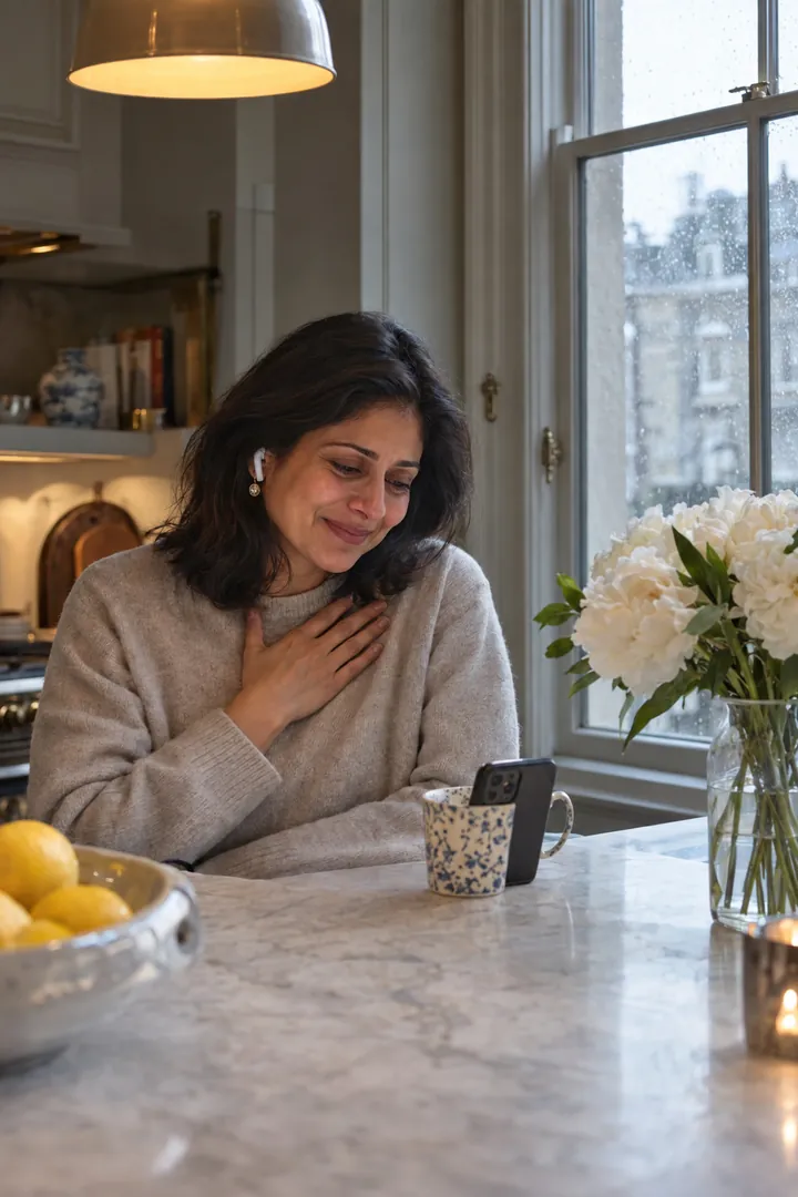 A woman in her London kitchen on a rainy afternoon, watching on her phone, her hand on her heart.