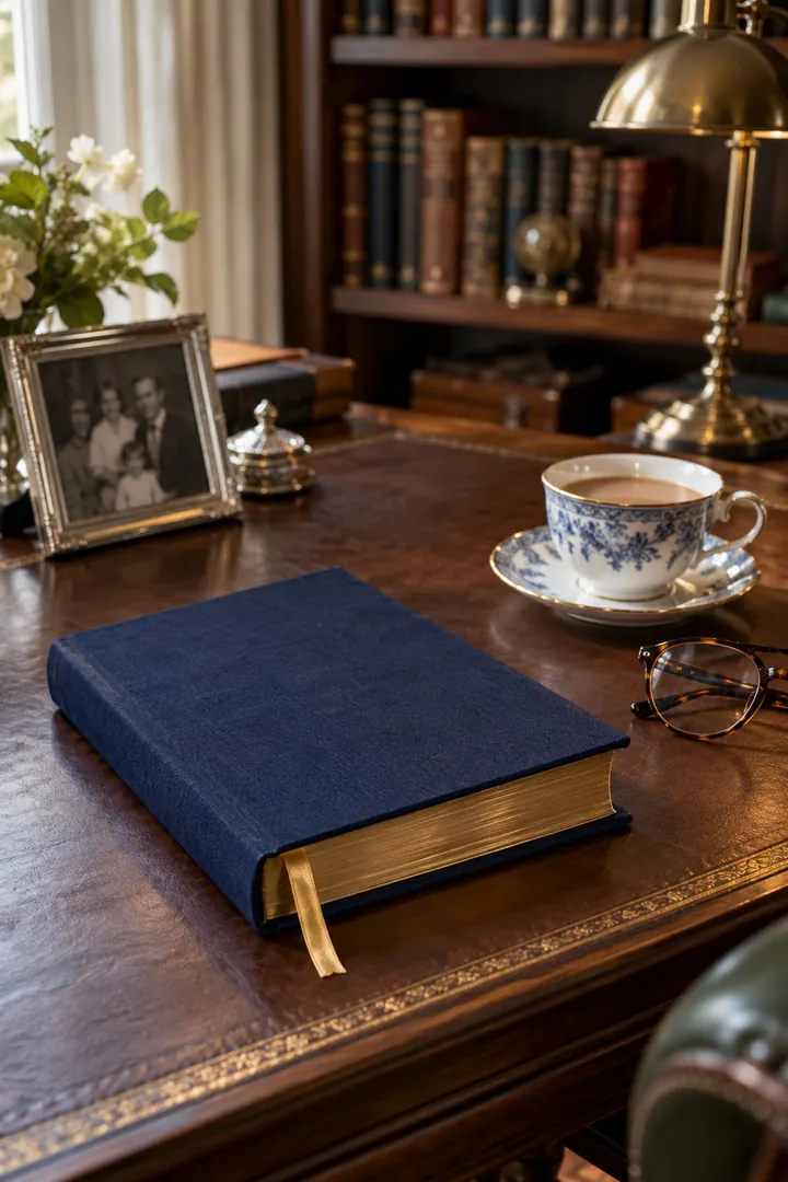 A hand-bound book in indigo linen on a study desk, with a cup of chai and reading glasses.
