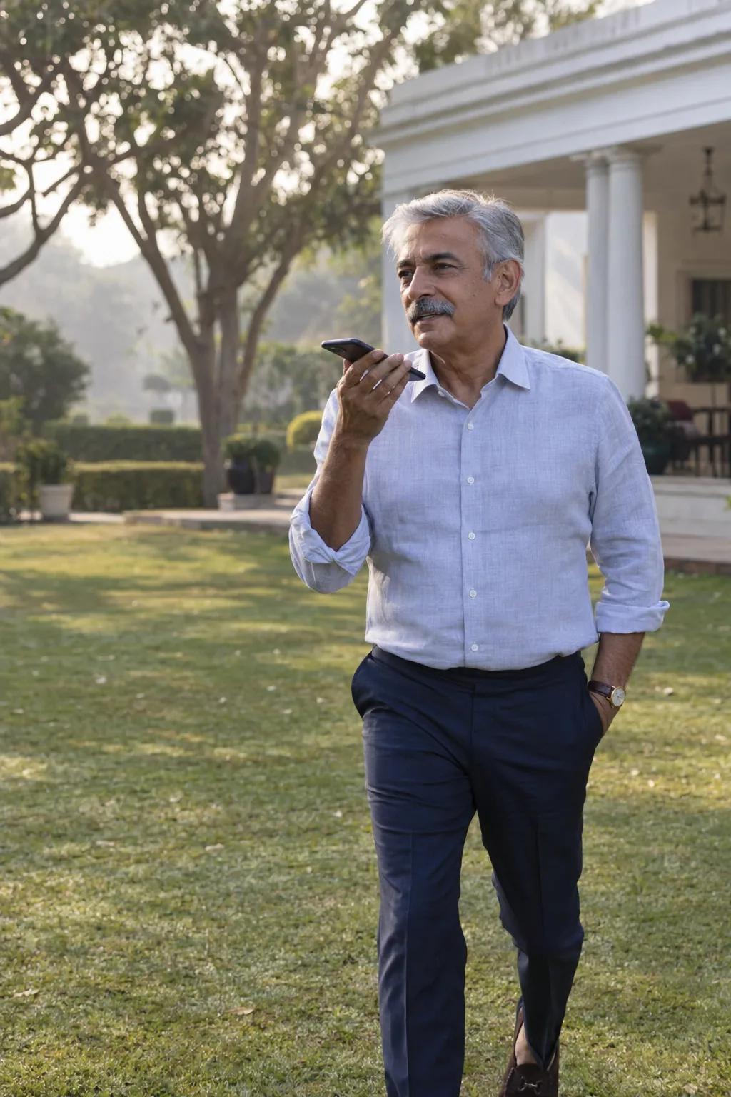 A man in his sixties in a linen shirt, walking across the lawn of his home in the early morning, speaking into his phone and smiling.