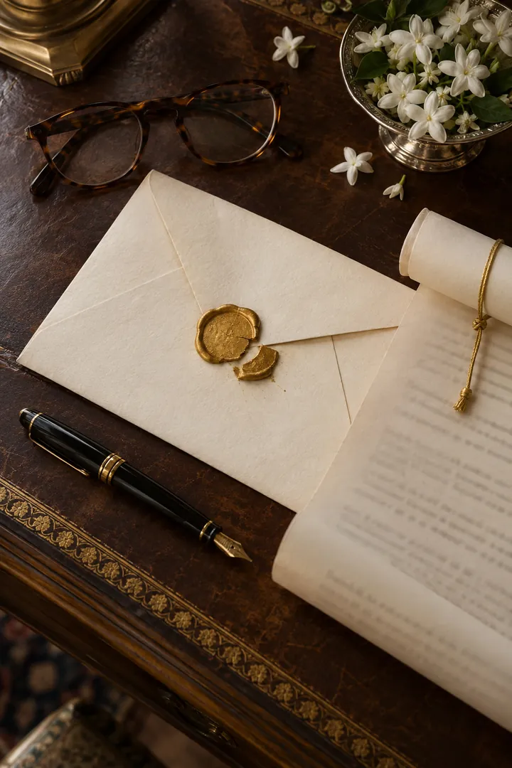 A printed story rolled as a scroll and tied with gold thread, beside an envelope with a wax seal, on a writing desk.