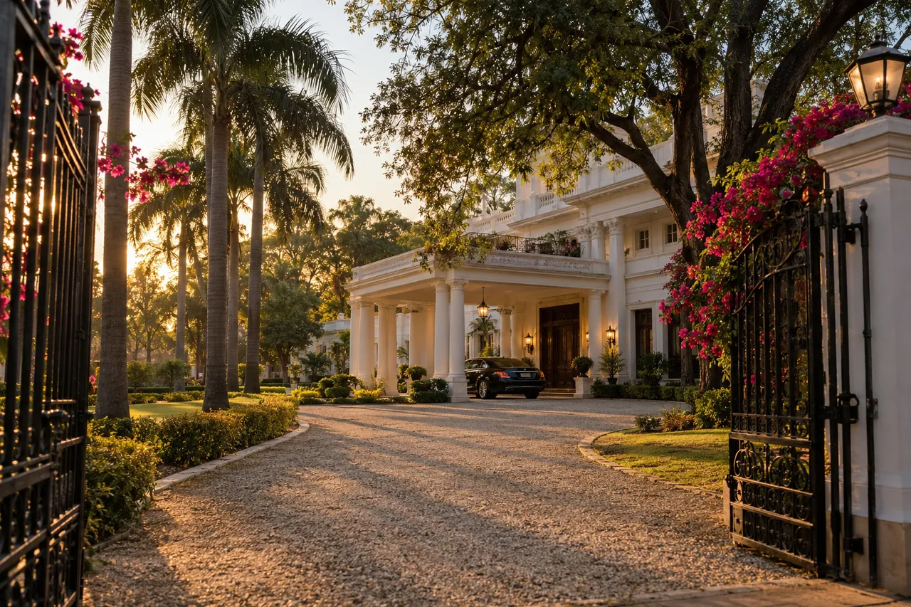 The open gates and gravel drive of a white colonial family home at dusk, a car beneath the portico.