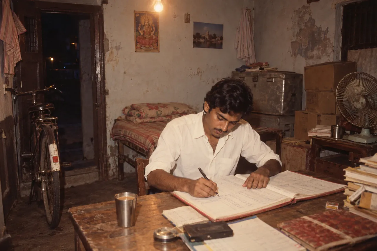 An old photograph from the 1980s: a young man in a small rented room at night, writing in a ledger under a bare bulb, a steel trunk and a bicycle behind him.