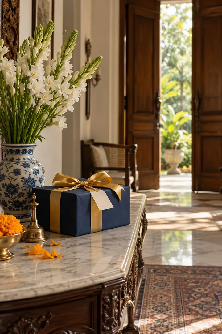 A gift wrapped in indigo paper and gold ribbon on a console table by the front door.